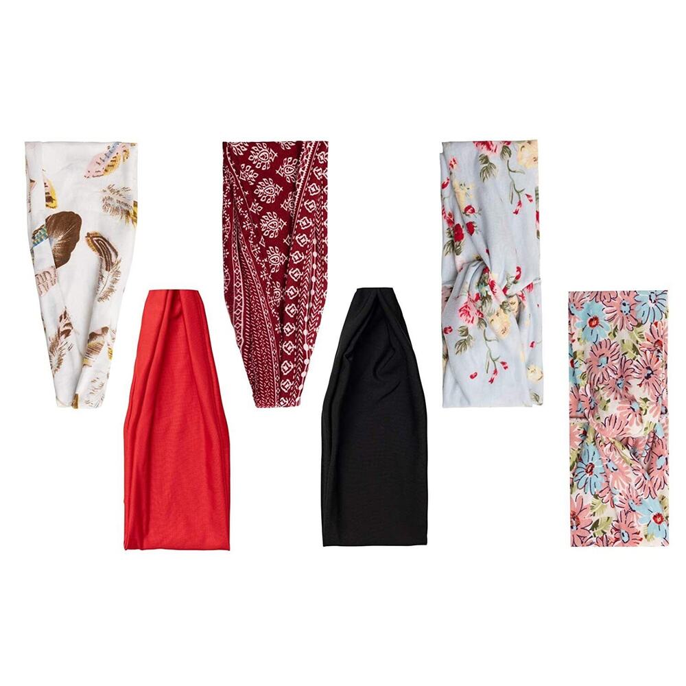 6 Pack Women Elastic Flower Printed Turban Head Wrap Headband Twisted Hair Band